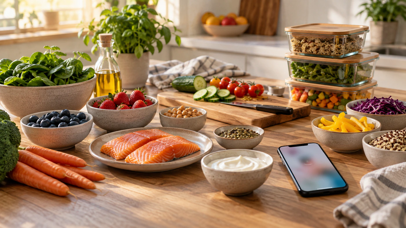 Organized meal-prep table with different foods