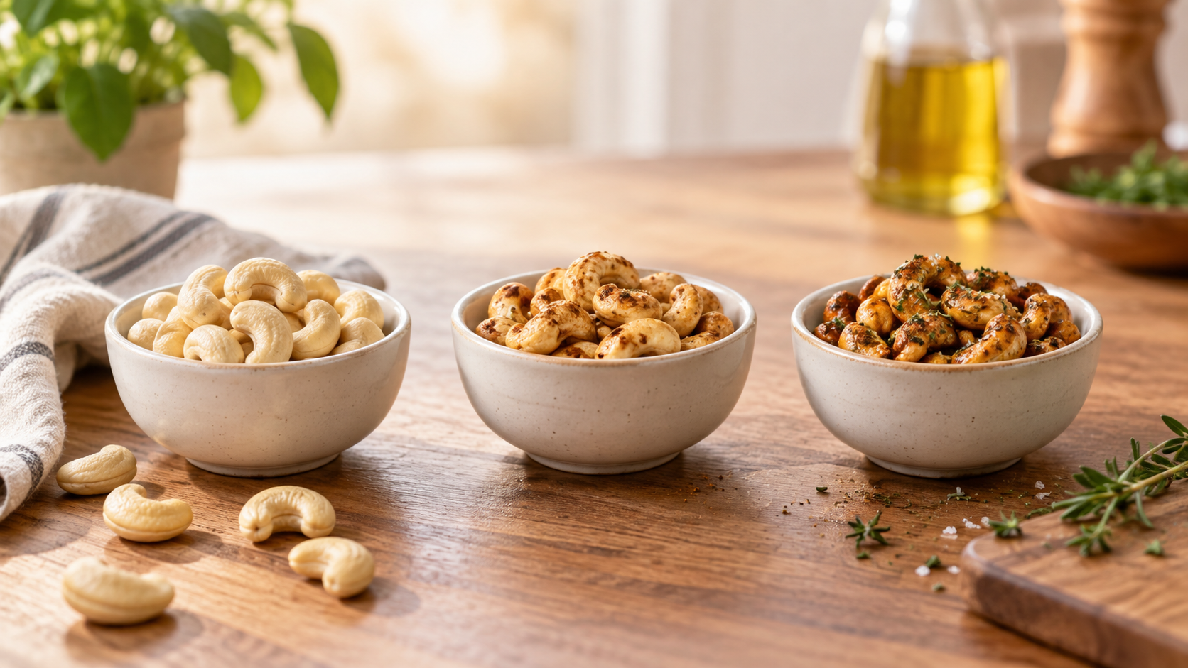 Three small bowls of the same food shown in a calm sequence