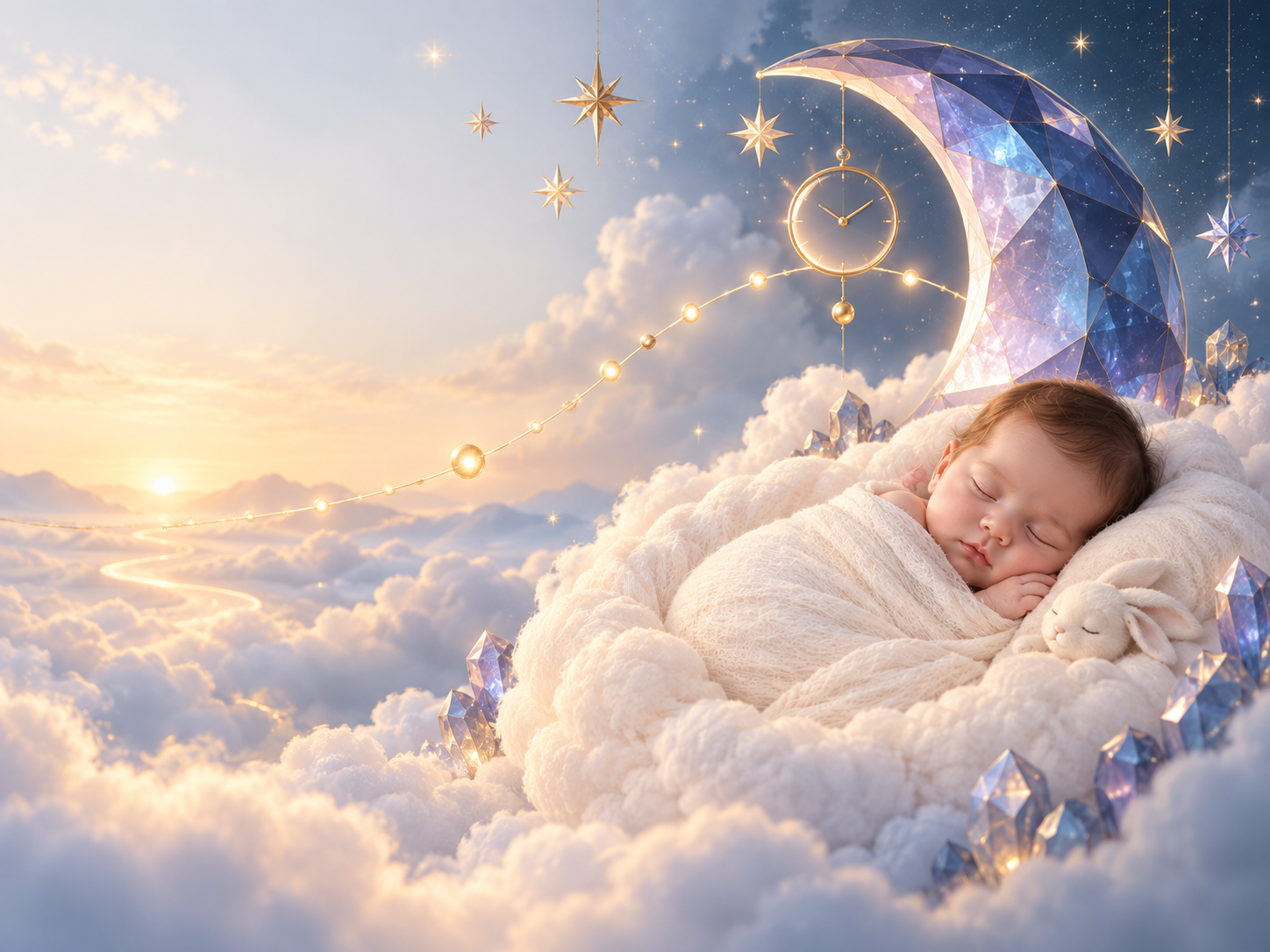 Illustration of a sleep rhythm with moon, clock, and stars