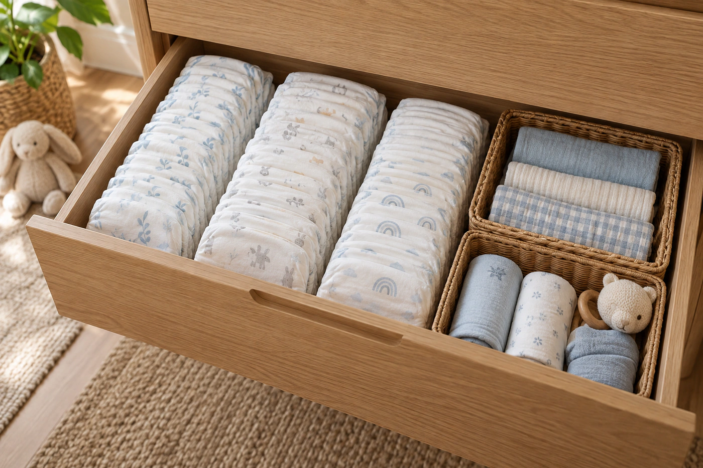Neatly organized diaper supply illustrating usage tracking