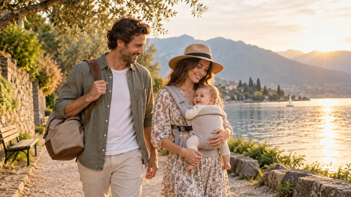 Calm family walking with a baby while traveling