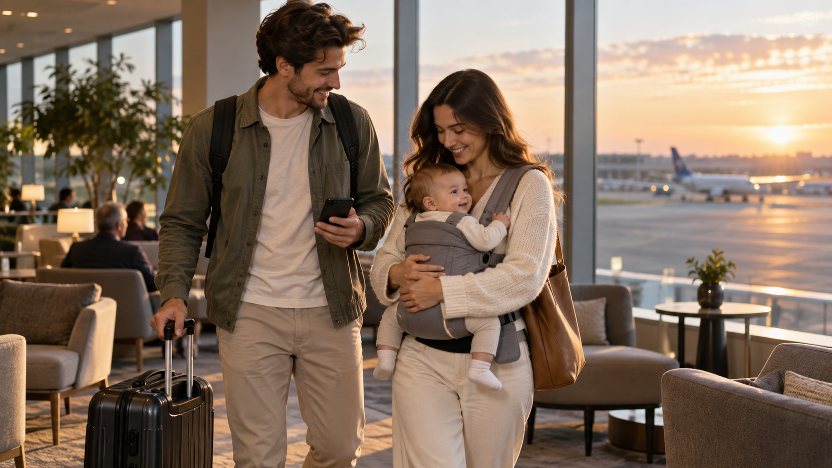 Family traveling with a baby and luggage