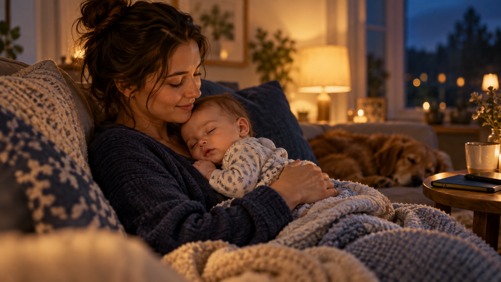 Parent gently holding a baby at the end of the day with the phone set aside