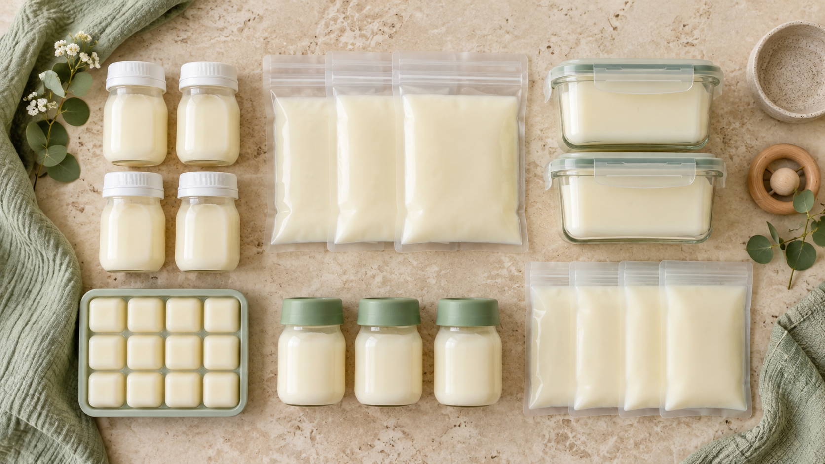 Neatly arranged portions of expressed breast milk