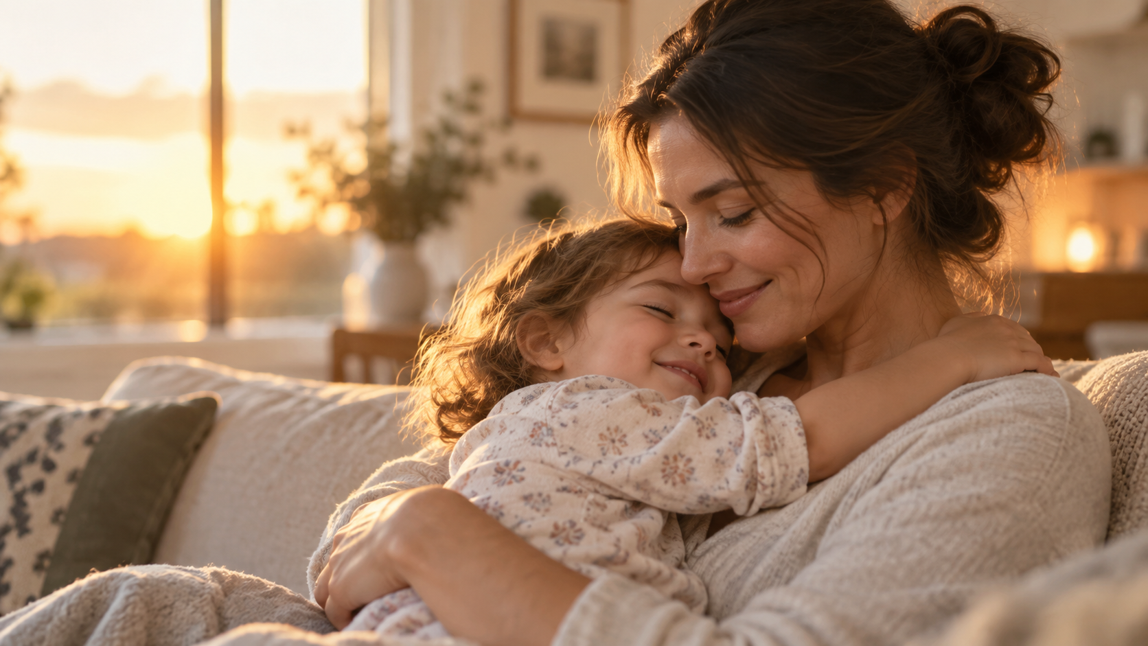Mother and child in a gentle embrace in golden evening light