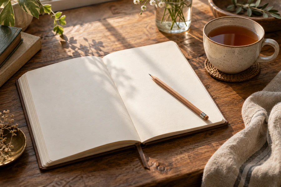Open notebook with a pen and cup of tea on a warm table