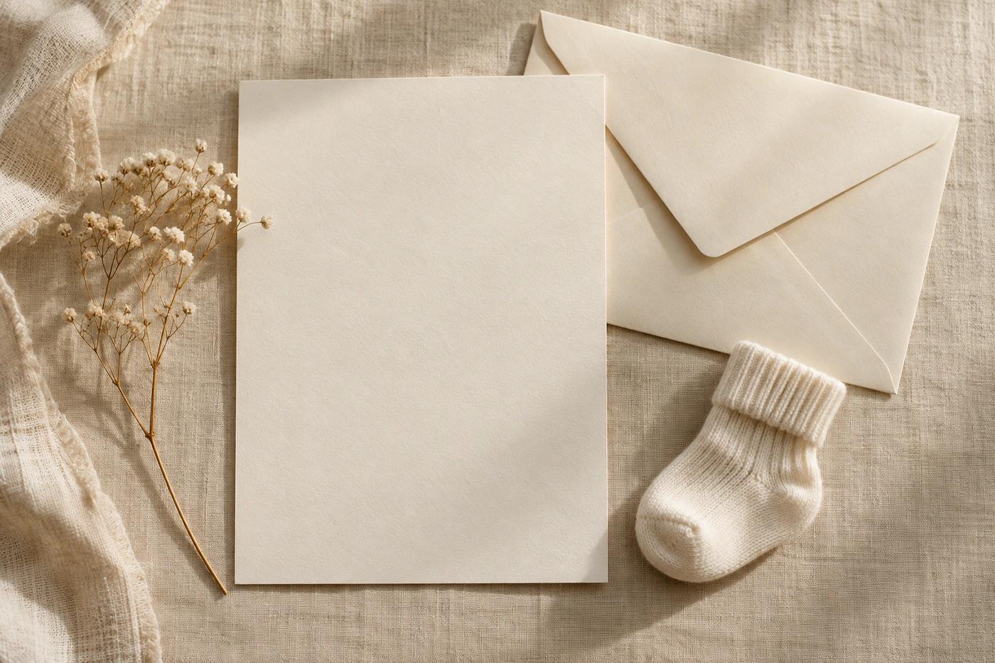 Blank premium paper, a closed envelope, and a baby sock