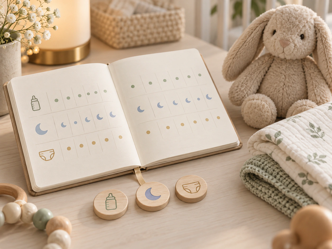 Gentle journal with a feeding, sleep, and diaper overview