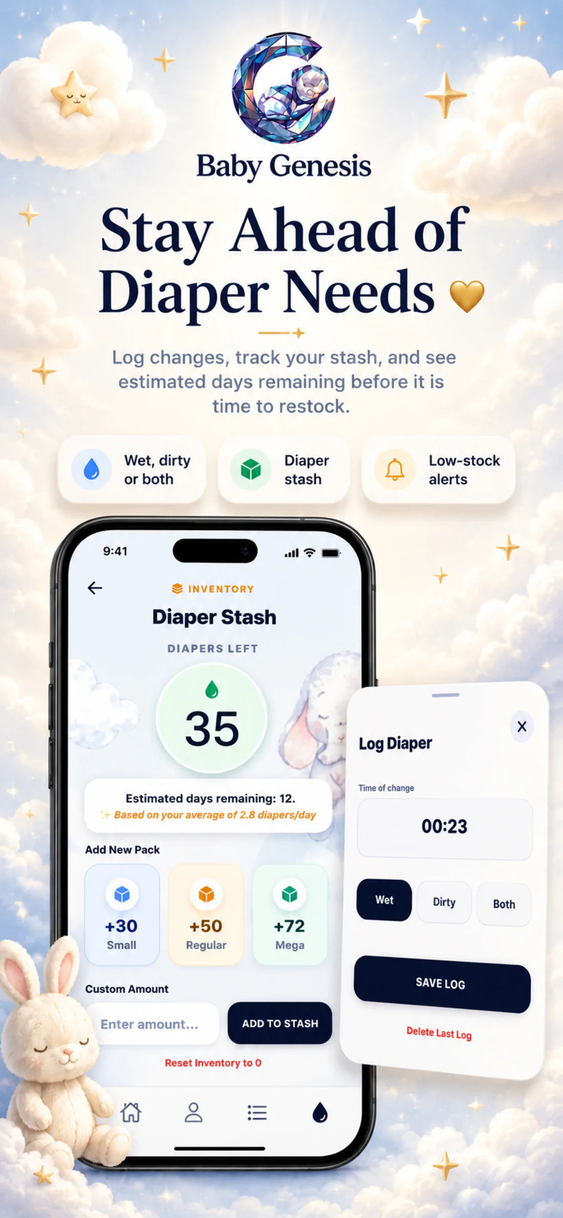 Diaper Tracker screen in the Baby Genesis app