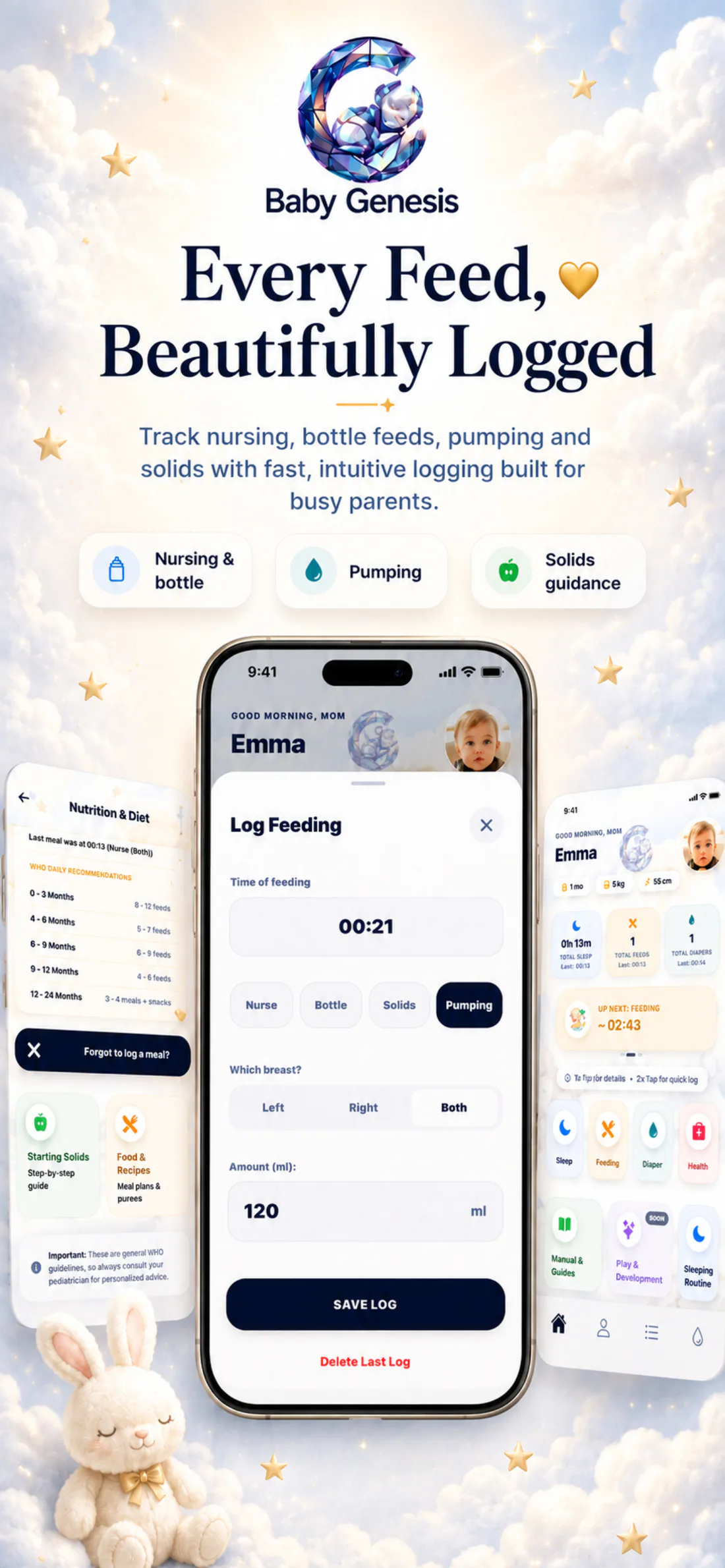 Feeding Tracker screen in the Baby Genesis app