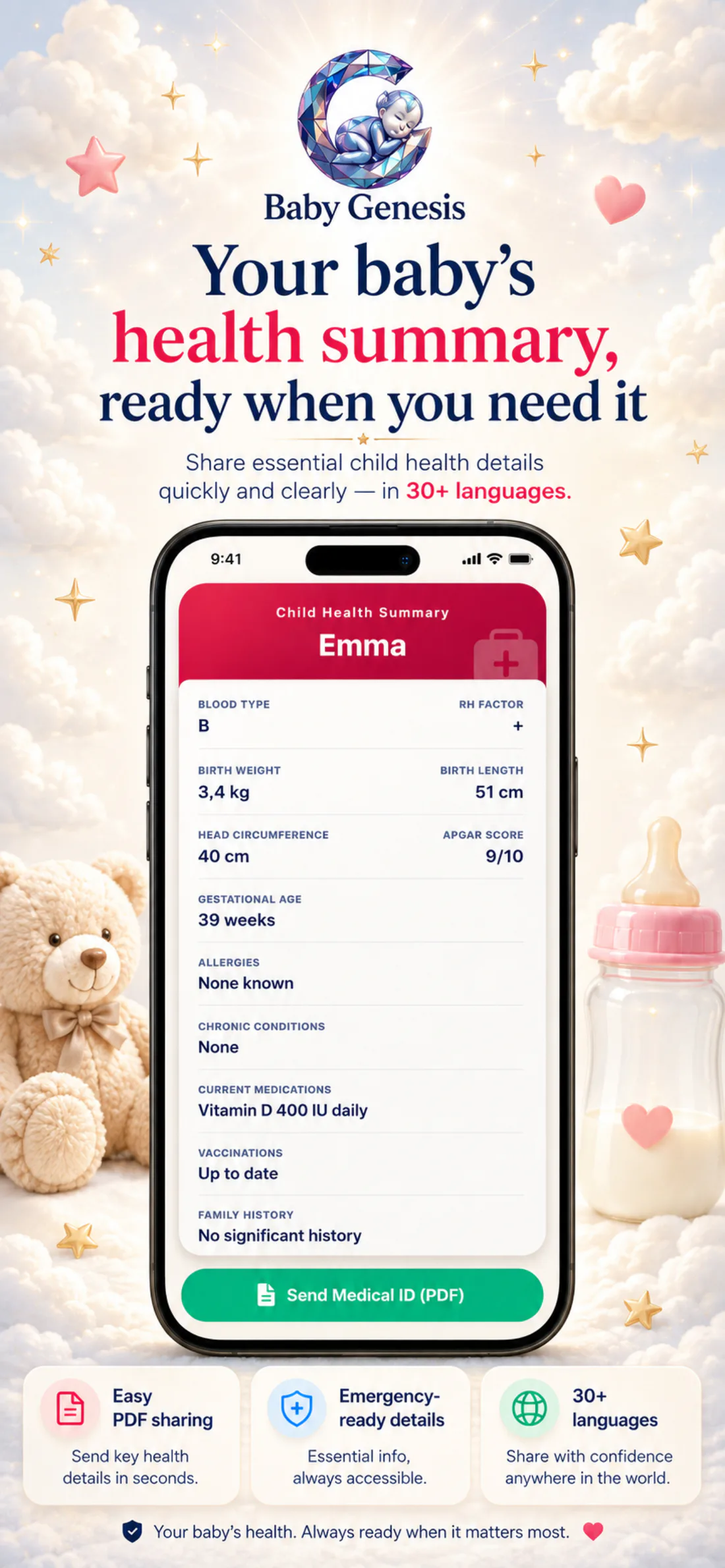 Health Passport screen in the Baby Genesis app